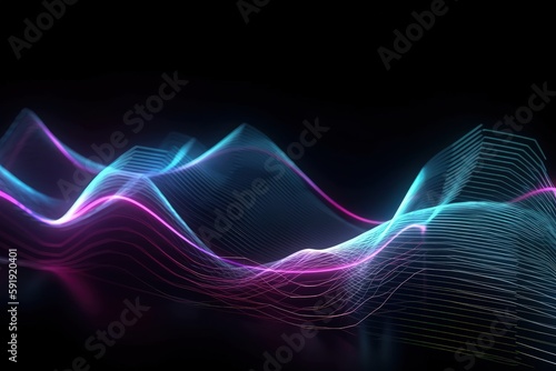 Abstract futuristic background with blurry glowing waves and neon lines. Spiritual energy concept, digital generative ai wallpaper © Ecleposs