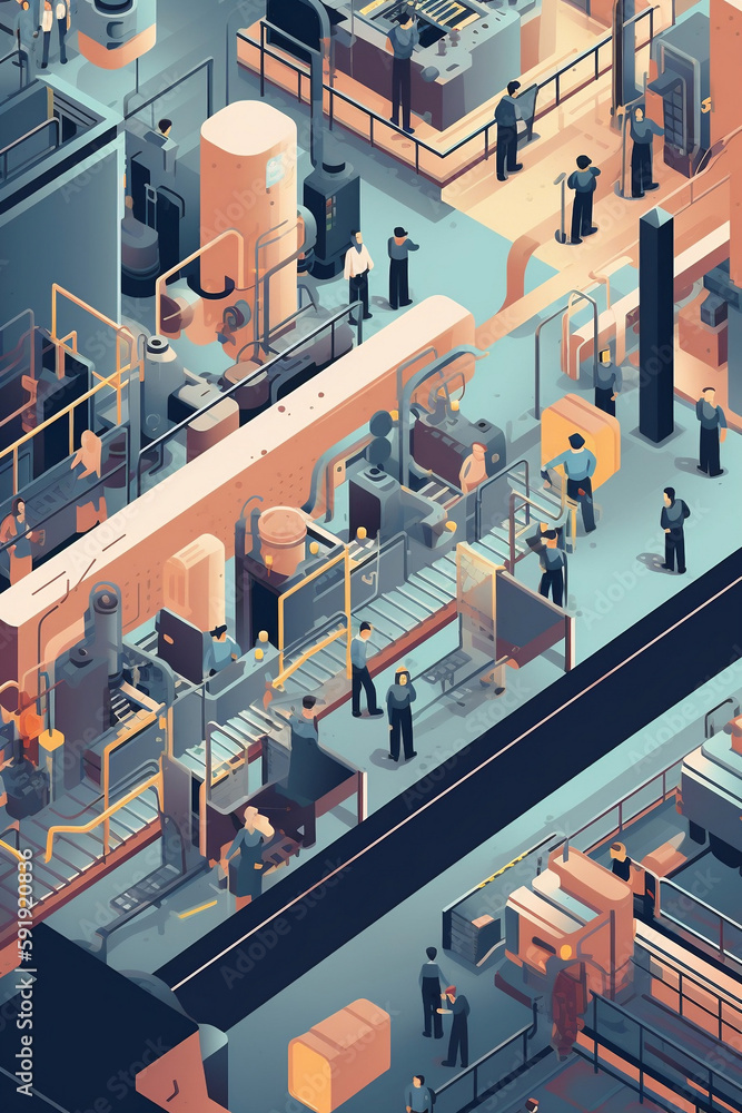 Obraz premium High-tech industrial factory bustling with robots and workers, filled with advanced machinery and equipment, showcasing the efficiency and productivity of modern manufacturing technology. AI generated