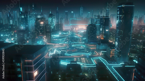 Illustration of a futuristic cyberpunk night city and Sci-fi vision of futuristic cyberpunk city neon night life. AI generated illustration.
