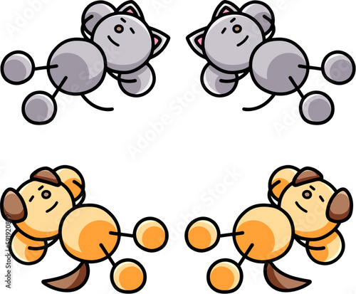 寝てのんびりするわんまるとにゃんまるのイラストセット　犬　猫