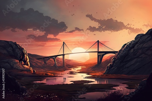 Sunset Landscape with Bridge