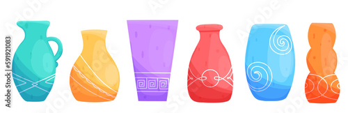 Set of ceramic vase with ancient pattern in cartoon style