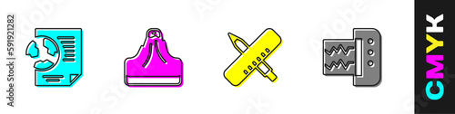 Set Earth globe with document, Volcano, Crossed ruler and pencil and Seismograph icon. Vector