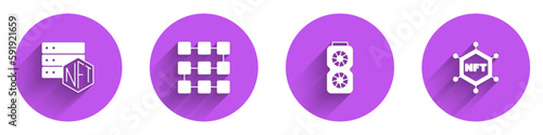Set NFT blockchain technology, Video graphic card and icon with long shadow. Vector