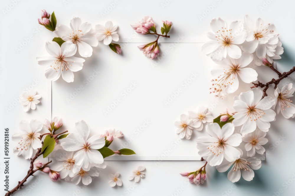 Obraz premium Beautiful floral spring abstract background. Flowering branches cherry on white background. For easter and spring greeting cards with copy space. Ai generated