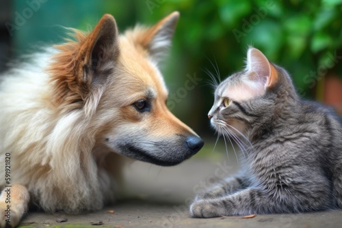 a dog and a cat staring at each other with curiosity