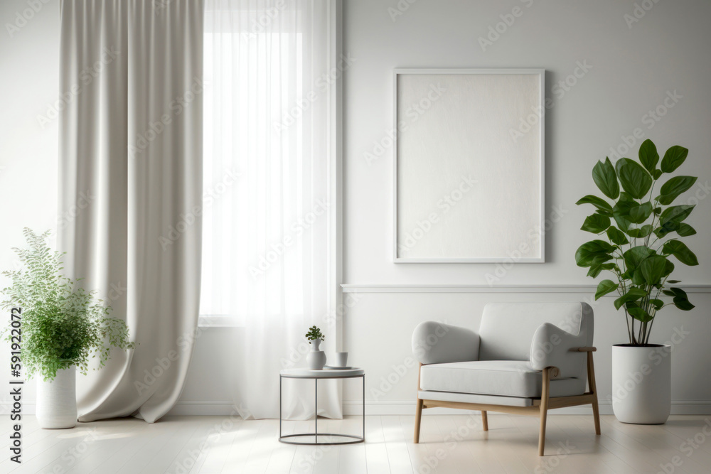 Modern minimalist interior living room with an armchair on white wall background with empty banner. Generative AI Modern minimalist interior living room with an armchair on white wall background with empty banner. Generative AI