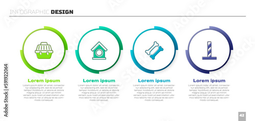 Set Pet carry case, Dog house, bone and Cat scratching post with toy. Business infographic template. Vector