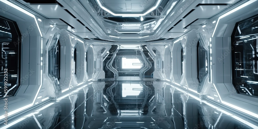 Beautiful design , sci-fi corridor in a space ship or futuristic structure with glossy reflective walls and transparent glass - Generative Ai - obrazy, fototapety, plakaty 
