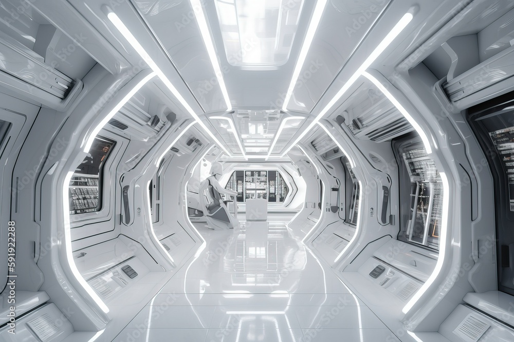 Beautiful design , sci-fi corridor in a space ship or futuristic structure with glossy reflective walls and transparent glass - Generative Ai Beautiful design , sci-fi corridor in a space ship or futuristic structure with glossy reflective walls and transparent glass - Generative Ai