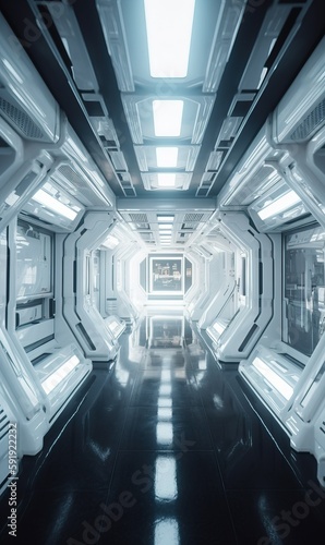Beautiful design , sci-fi corridor in a space ship or futuristic structure with glossy reflective walls and transparent glass - Generative Ai © DigitalGenetics