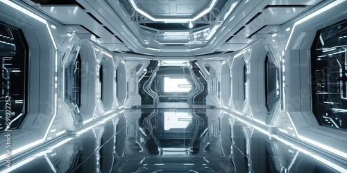 Fényképezés Beautiful design , sci-fi corridor in a space ship or futuristic structure with
