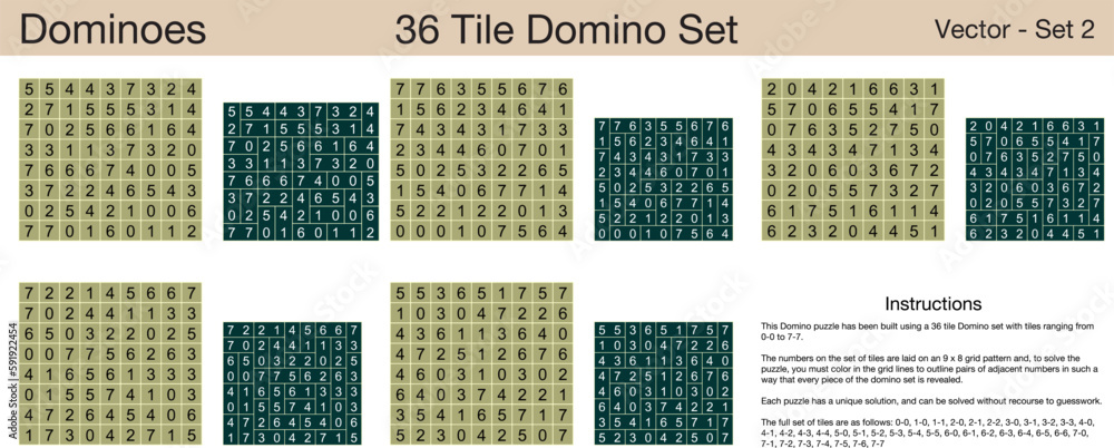5 36 Tile Dominoes Puzzles. A set of scalable puzzles for kids and adults, which are ready for web use or to be compiled into a standard or large print activity book.