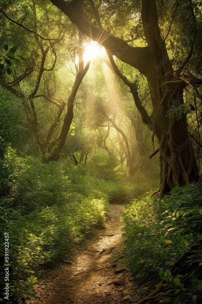Illustration of sunlight streaming through the trees in a peaceful forest