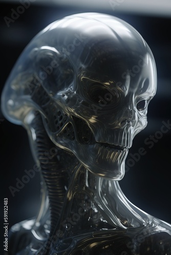 Alien cybernetic life form, in white glossy material and transparent reflective glass, with intricate parts, Generative Ai.