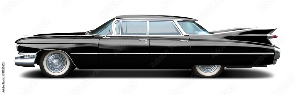 Large American retro sedan in black color isolated on white background.