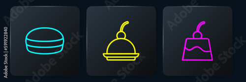 Set line Macaron cookie, Pudding custard and Cherry cheesecake. Black square button. Vector