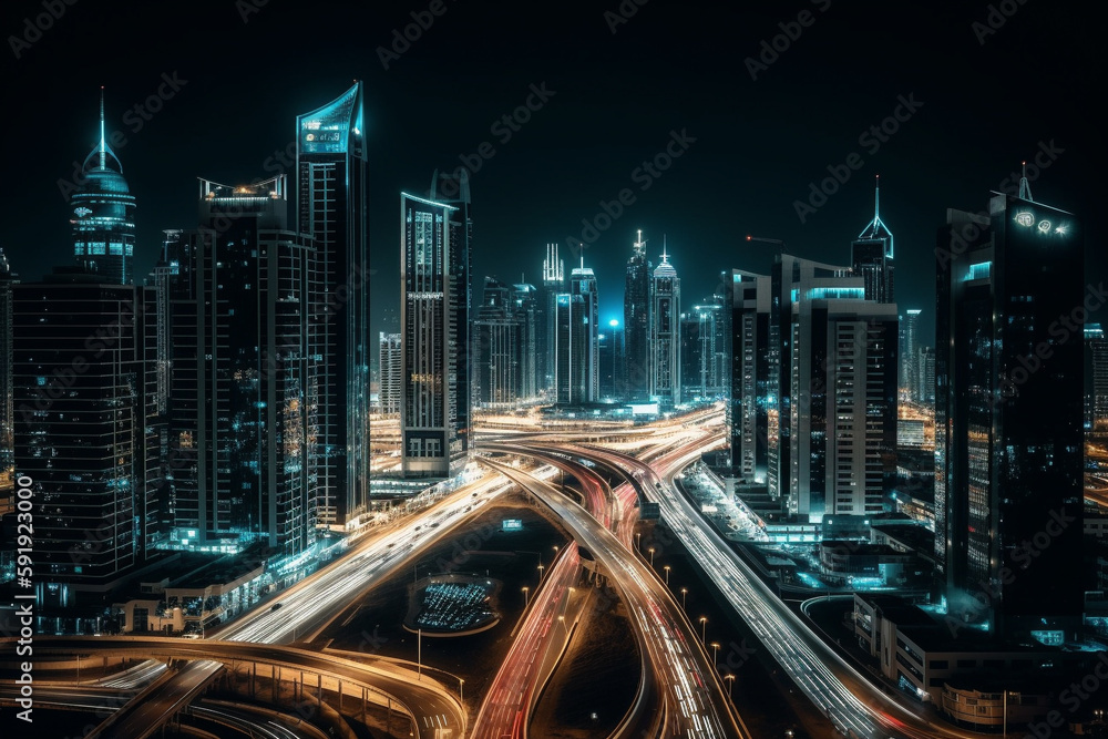 Obraz premium Metropolis at night, featuring skyscrapers, crossroads, and trails of lights. This illustration captures the dynamic energy and vibrancy of city life. Ai generated
