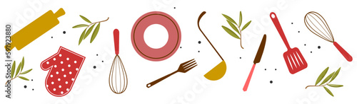 Set of black silhouettes kitchen tools fork spoon knife rolling pin ladle board for cutting culinary banner with place for your text vector illustration isolated on white background