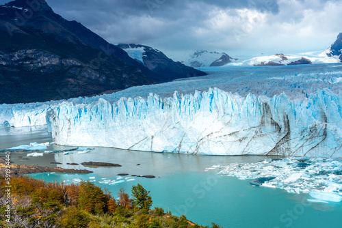 View of the Perito Moreno glacier of Los Glaciares National Park in Argentina. Los Glaciares National Park is a UNESCO World Heritage site.