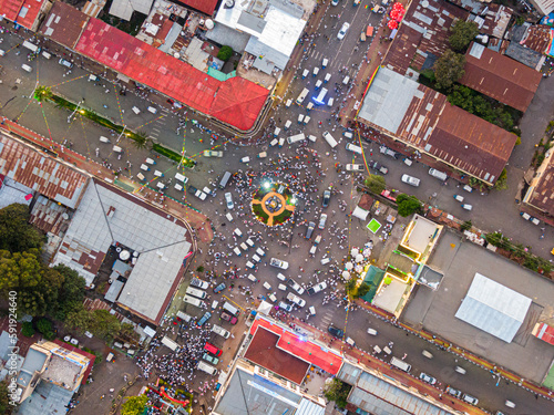 Aerial view of the city centre of Gondar with a lot of car and pedestrian traffic, Ethiopia, Africa