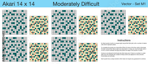 5 Moderately Difficult Akari 14 x 14 Puzzles. A set of scalable puzzles for kids and adults, which are ready for web use or to be compiled into a standard or large print activity book.