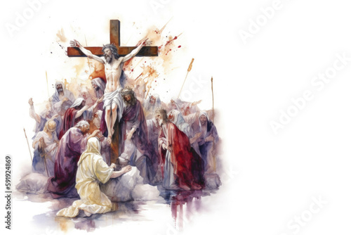 Photo Watercolor illustration of the Passion of Christ, Jesus Christ's crucifixion, Ge