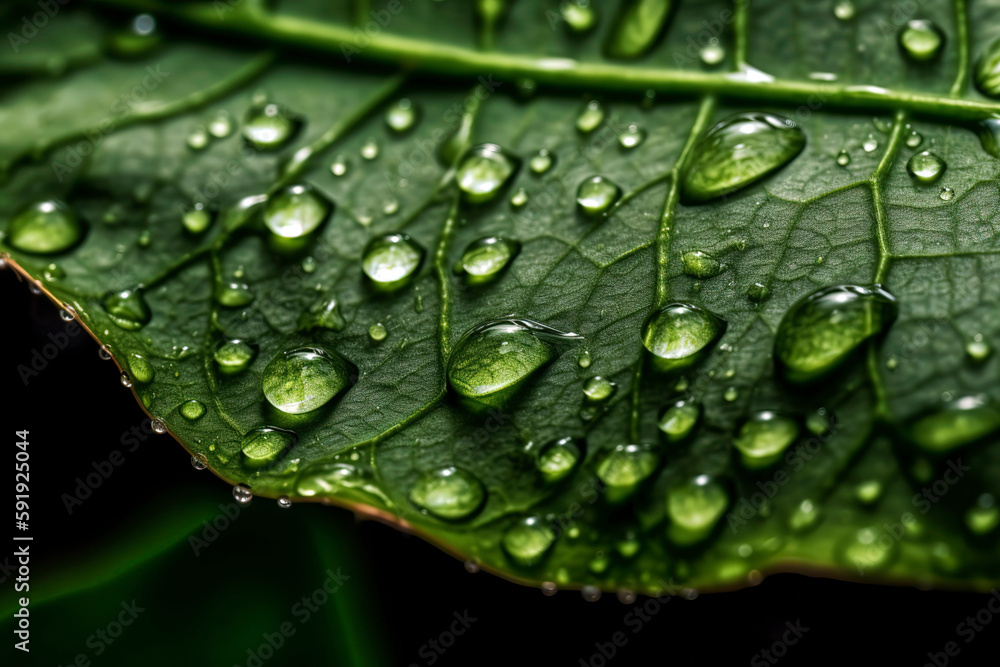 Close-up of raindrops on the surface of a bright green, newly sprouted leaf, the water droplets magnifying the intricate veins and textures of the leaf.