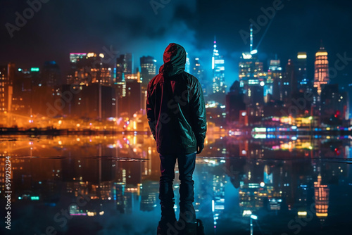 Illustration of a man silhouetted against a vibrant cityscape at night  featuring skyscrapers and neon lights. Ai generated