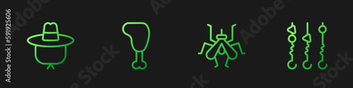 Set line Mosquito, Camping hat, Chicken leg and Grilled shish kebab on skewer. Gradient color icons. Vector