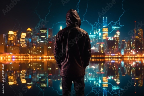 Illustration of a man silhouetted against a vibrant cityscape at night  featuring skyscrapers and neon lights. Ai generated