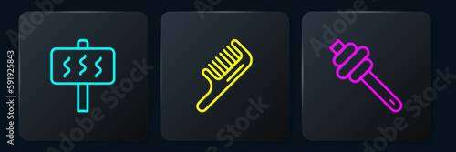 Set line Sauna, Honey dipper stick and Hairbrush. Black square button. Vector
