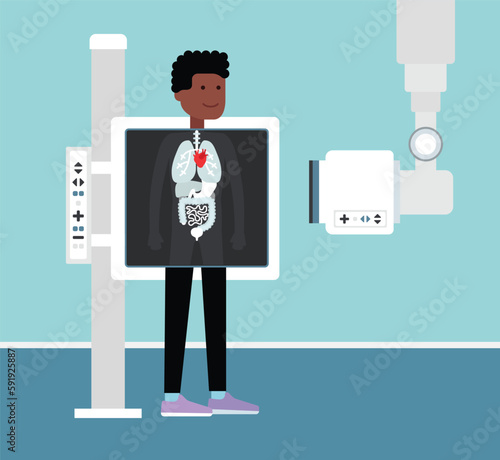 X-ray, MRI or ultrasound scaning of human body major organs. Vector illustration in cartoon style. Image of Heart, Stomach, lungs with computed tomography. Black character ethnicity undergoing an MRI