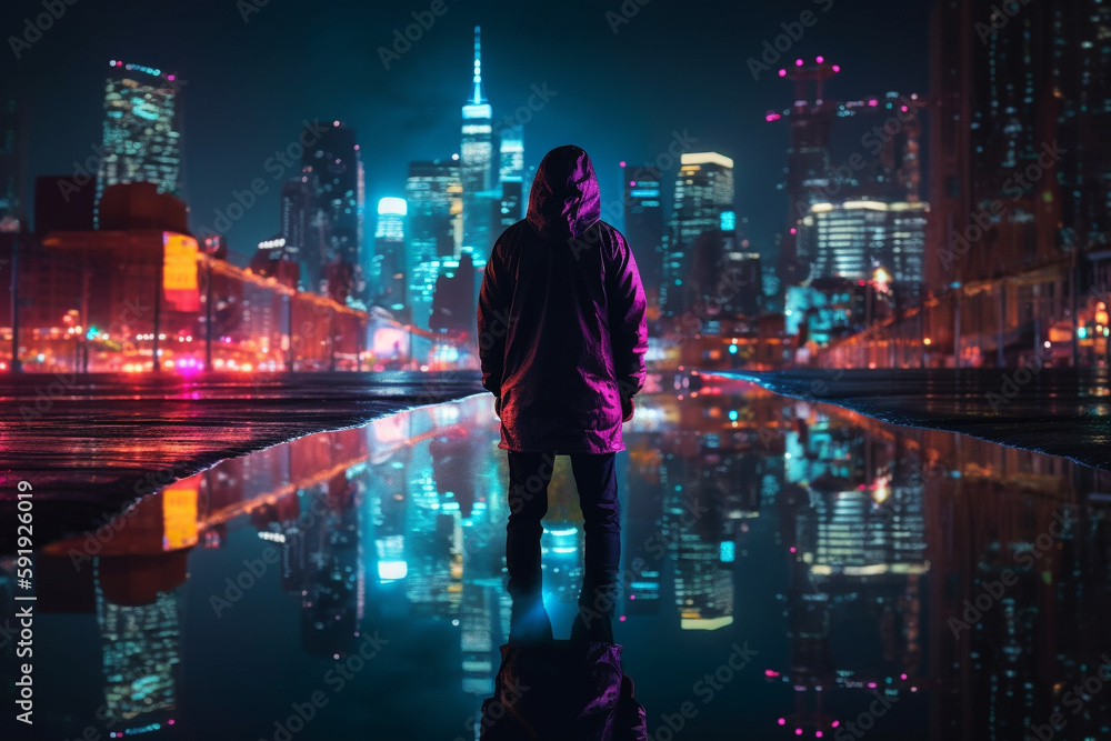 Illustration of a man silhouetted against a vibrant cityscape at night, featuring skyscrapers and neon lights. Ai generated Illustration of a man silhouetted against a vibrant cityscape at night, featuring skyscrapers and neon lights. Ai generated