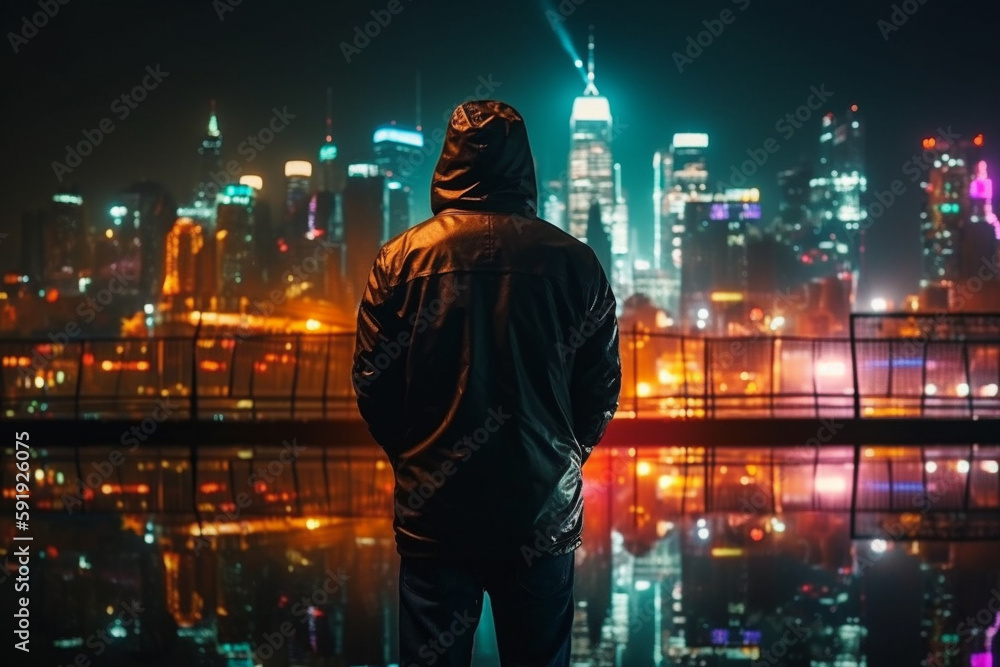 Fototapeta premium Illustration of a man silhouetted against a vibrant cityscape at night, featuring skyscrapers and neon lights. Ai generated