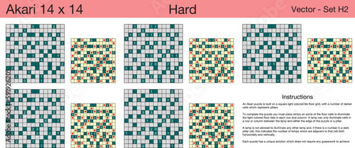 5 Hard Akari 14 x 14 Puzzles. A set of scalable puzzles for kids and adults, which are ready for web use or to be compiled into a standard or large print activity book.