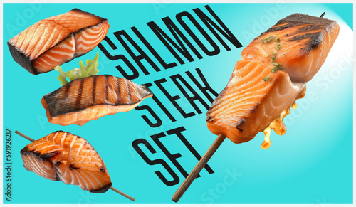 Salmon steak, realistic 3d, rare grilled steak, ultra realistic, icon, falling flying, detailed, food photo