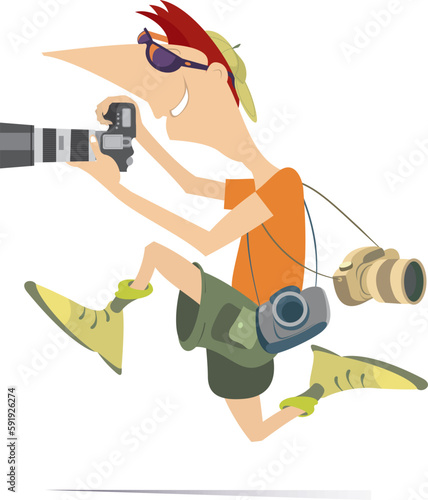 Running young man a photographer illustration. 
Running young man with a camera making photo. Isolated on white background
