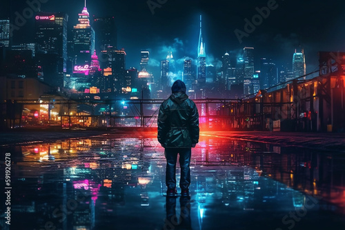 Illustration of a man silhouetted against a vibrant cityscape at night, featuring skyscrapers and neon lights. Ai generated