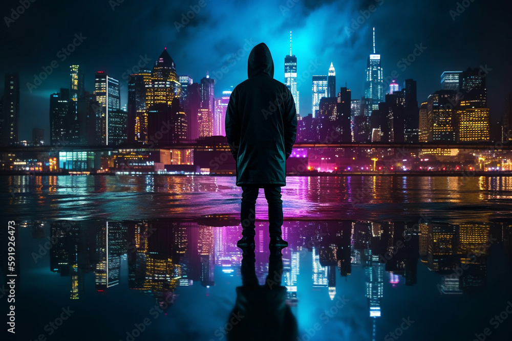 Illustration of a man silhouetted against a vibrant cityscape at night, featuring skyscrapers and neon lights. Ai generated Illustration of a man silhouetted against a vibrant cityscape at night, featuring skyscrapers and neon lights. Ai generated