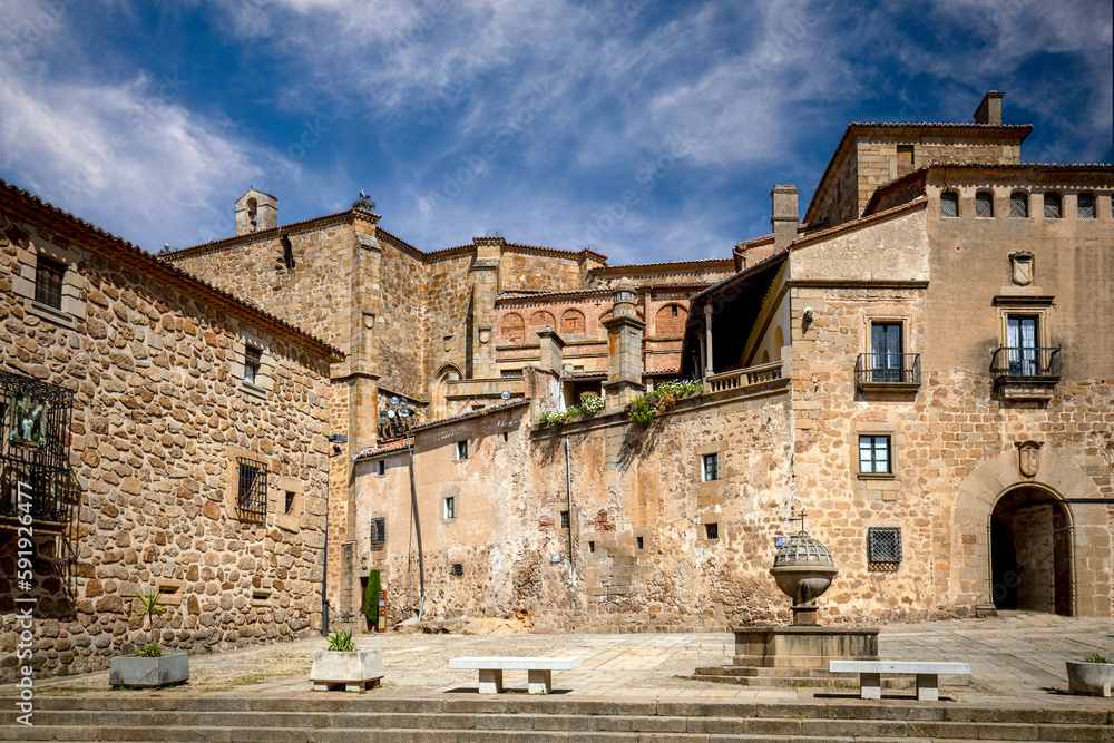 Square where the monumental 15th century Mirabel Palace is located in the city of Plasencia, Caceres, Spain