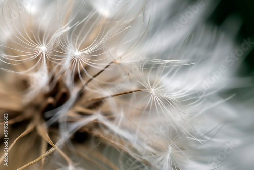 Close-up of a dandelion seed head, the intricate, delicate structure of the seeds poised to disperse on a gentle spring breeze.