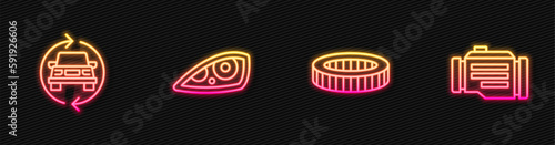 Set line Car air filter, service, headlight and Check engine. Glowing neon icon. Vector