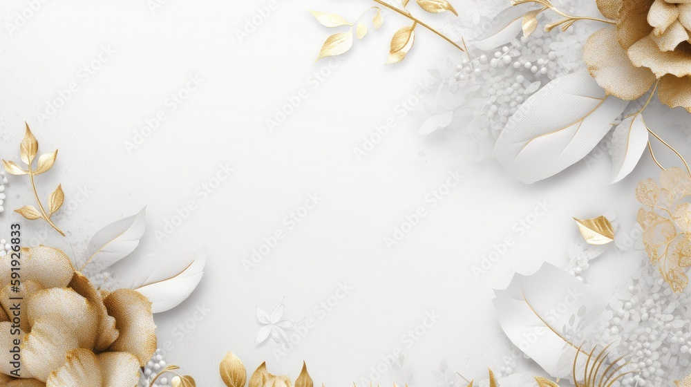 White gold flowers and leaves on white linen texture. Luxury abstract