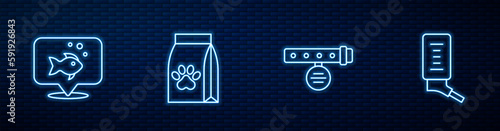 Set line Collar with name tag, Fish, Bag of food for pet and Drinker small pets. Glowing neon icon on brick wall. Vector