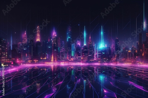 Futuristic city skyline with connected lines and dots, representing a city that is heavily focused on communication and connectivity. Ai generated