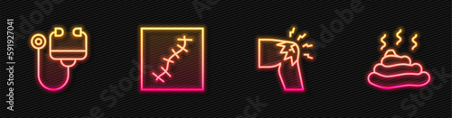 Set line Joint pain, knee pain, Stethoscope, Scar with suture and Shit. Glowing neon icon. Vector