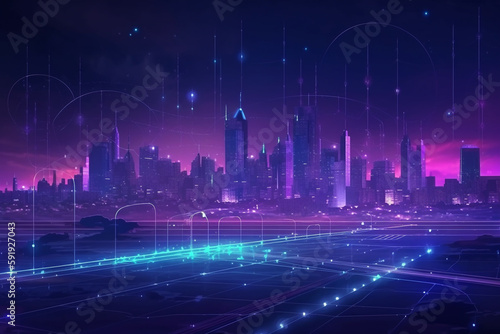 Futuristic city skyline with connected lines and dots  representing a city that is heavily focused on communication and connectivity. Ai generated