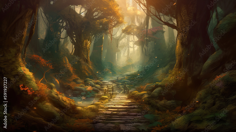 Fantasy landscape with a path in a dark forest. Generative AI