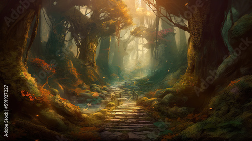 Fantasy landscape with a path in a dark forest. Generative AI